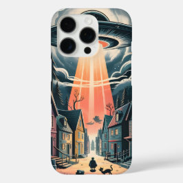 Funda iPhone 16 Pro Ilustración nocturna de abducción OVNI en la calle