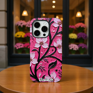 Funda iPhone 16 Pro Impasto de flores rosadas y tallas negras