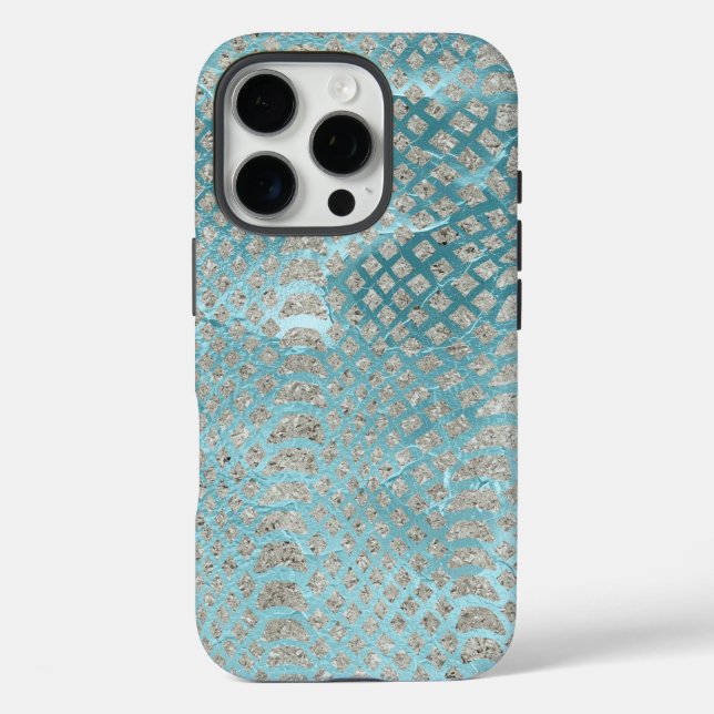 Funda iPhone 16 Pro Impresión de serpientes de plata Aqua (Reverso )
