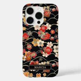 Funda iPhone 16 Pro Japanese Black Floral Pattern Monogrammed