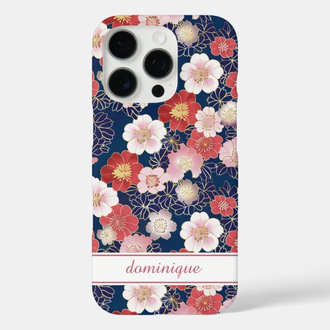 Funda iPhone 16 Pro Japanese Pink Floral Pattern Monogrammed (Reverso )