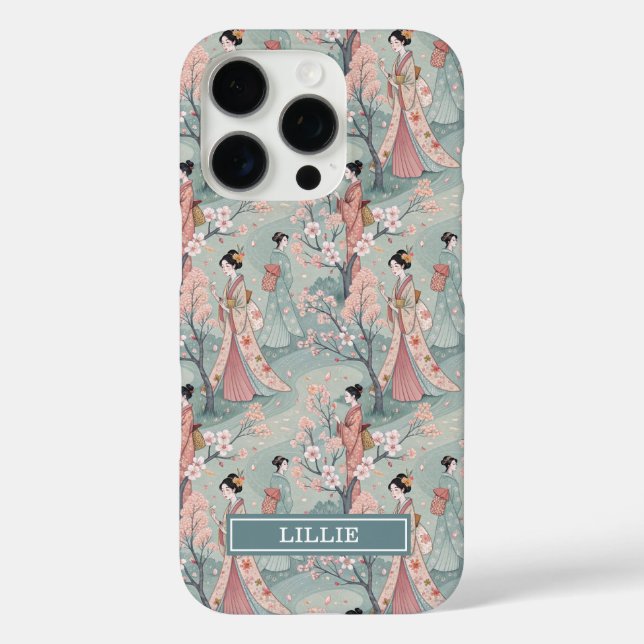 Funda iPhone 16 Pro Japanese Sakura Geisha Pattern Monogrammed (Reverso )