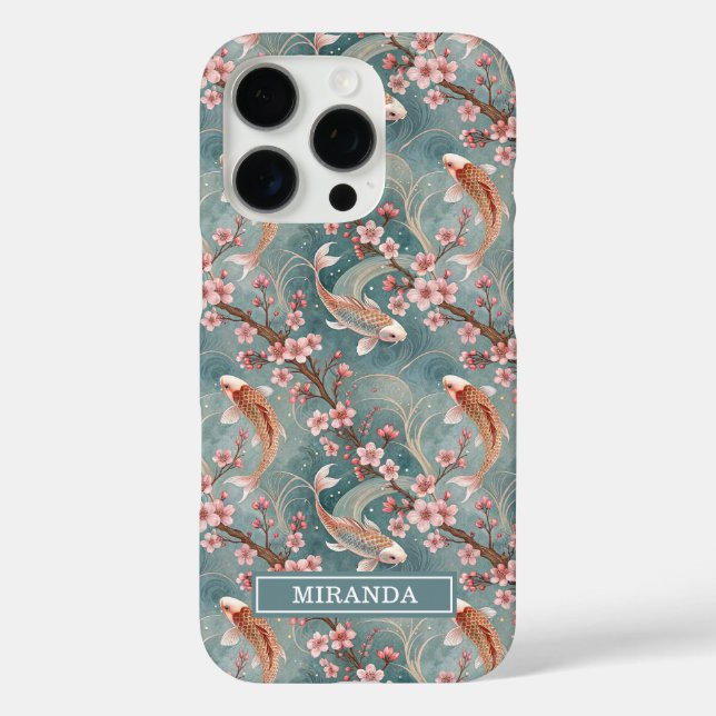 Funda iPhone 16 Pro Japanese Sakura Koi Fish Pattern Monogrammed (Reverso )