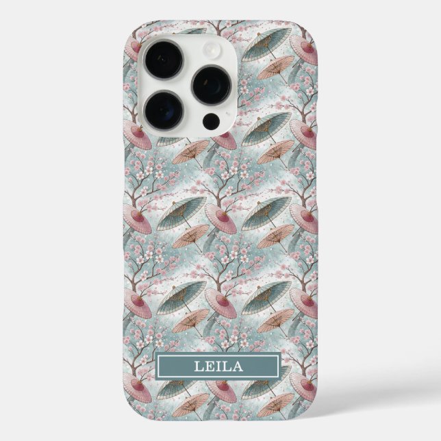 Funda iPhone 16 Pro Japanese Sakura Umbrella Pattern Monogrammed (Reverso )