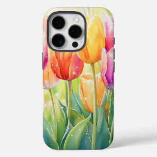 Funda iPhone 16 Pro Jardín de Tulipanes de la Primavera de la acuarela