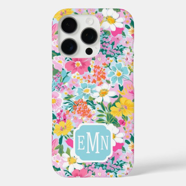 Funda iPhone 16 Pro Jardín moderno colorido con monograma (Reverso )