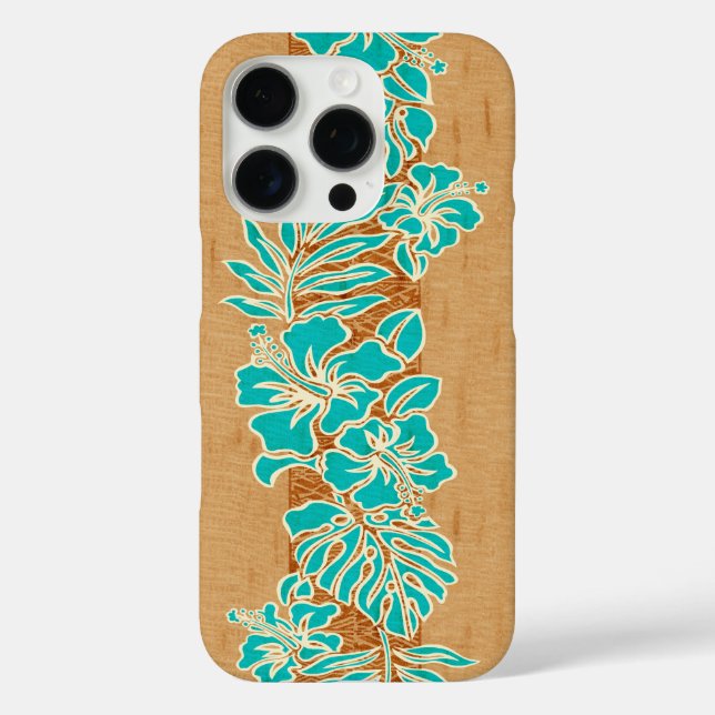 Funda iPhone 16 Pro Kalaheo Hawai Hibiscus Tapa Faux Wood Aqua (Reverso )