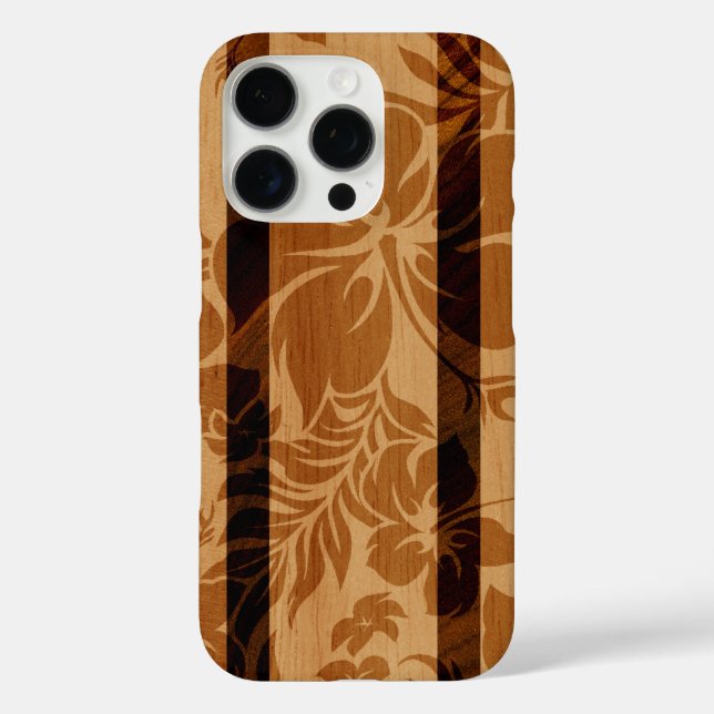 Funda iPhone 16 Pro Keokea Beach Hibiscus Faux Wood Surfboard  (Reverso )