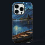 Funda iPhone 16 Pro "La deriva estrellada: Pesca bajo el Cosmos<br><div class="desc">Un apacible cuadro acrílico que capta un sereno barco de pescadores enclavado a orillas de un tranquilo lago bajo un amplio cielo estrellado. El agua que brilla refleja el brillo celestial, mezclando el azul profundo, los blancos y los toques de gris. Las brochas suaves le dan vida a las olas...</div>