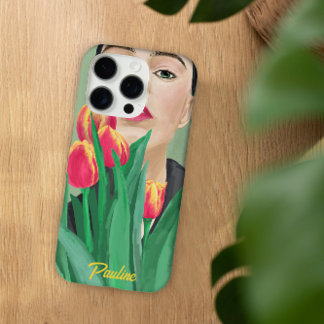 Funda iPhone 16 Pro Lady & Tulip Green Naranja Pintura gráfica moderna