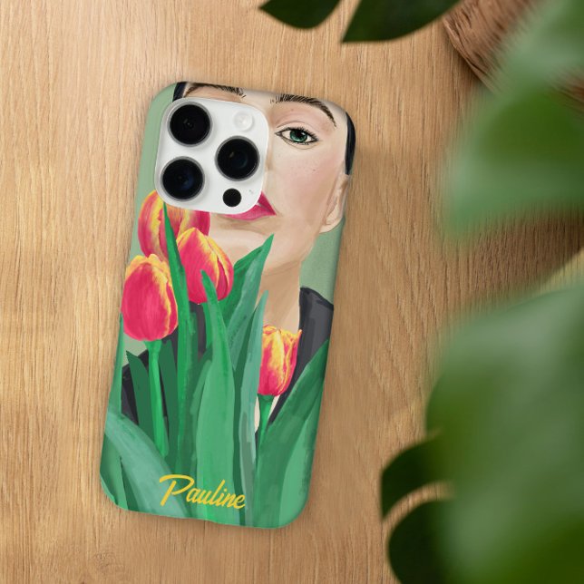 Funda iPhone 16 Pro Lady & Tulip Green Naranja Pintura gráfica moderna (Portrait art of lady with tulip "Dame à la tulipe", lady with yellow orange tulip on green;)