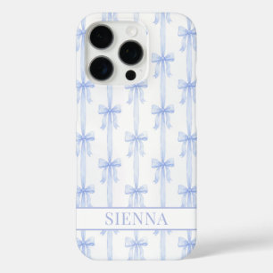 Funda iPhone 16 Pro Lazos Coquetos Azules Monogramados a Rayas