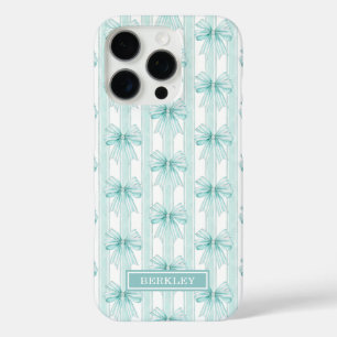 Funda iPhone 16 Pro Lazos Coquette Aqua en Rayas Monogramadas