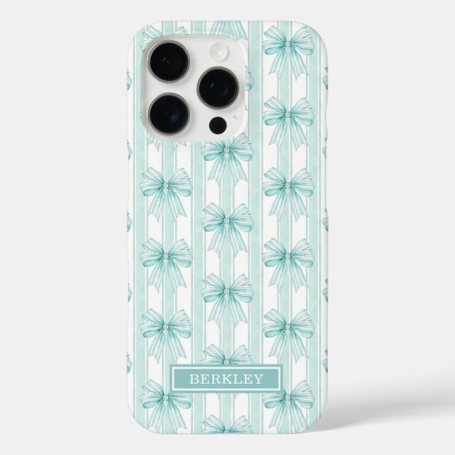 Funda iPhone 16 Pro Lazos Coquette Aqua en Rayas Monogramadas (Reverso )