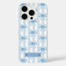 Funda iPhone 16 Pro Lazos Coquette Azules en Rayas Monogramadas