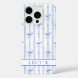 Funda iPhone 16 Pro Lazos de Coqueta de Rayas Azules Elegantes Monogra