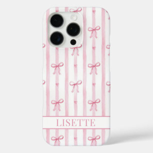 Funda iPhone 16 Pro Lazos de Coqueta de Rayas Rosadas Elegantes Monogr