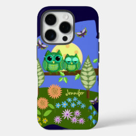 Funda iPhone 16 Pro Lechuzas en tierra de verano y nombre personalizad
