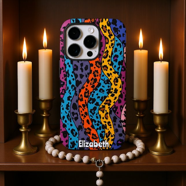 Funda iPhone 16 Pro Leopardo del arte pop: Olas de arcoiris (Subido por el creador)