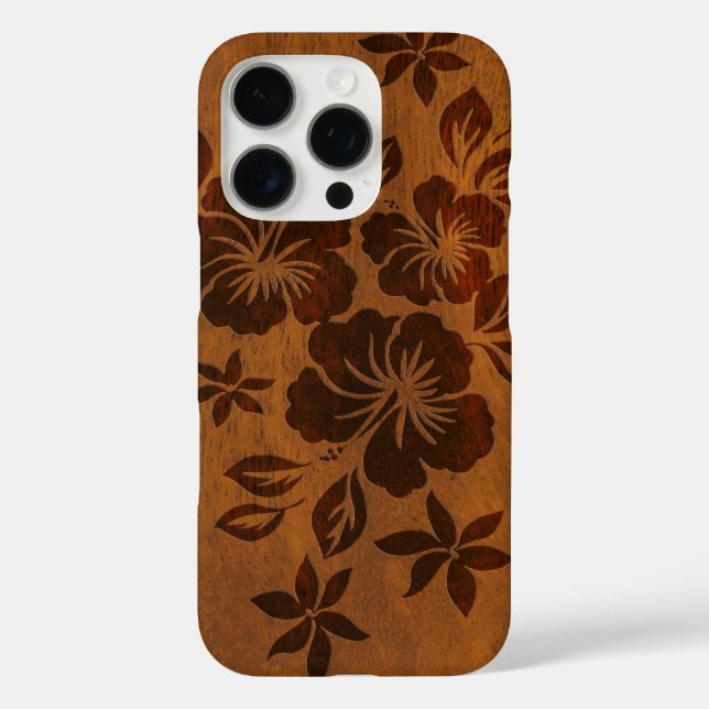Funda iPhone 16 Pro Lilikoi Hibiscus Hawaiian Faux Wood Koa (Reverso )