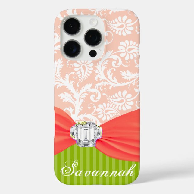 Funda iPhone 16 Pro Lime y Coral Faux Rhinstone personalizan Damask (Reverso )