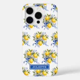 Funda iPhone 16 Pro Limoneros con flores azules monogramados al aguare
