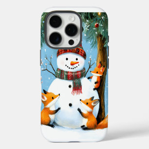 Funda iPhone 16 Pro Lindo zorro y muñeco de nieve del bosque invernal