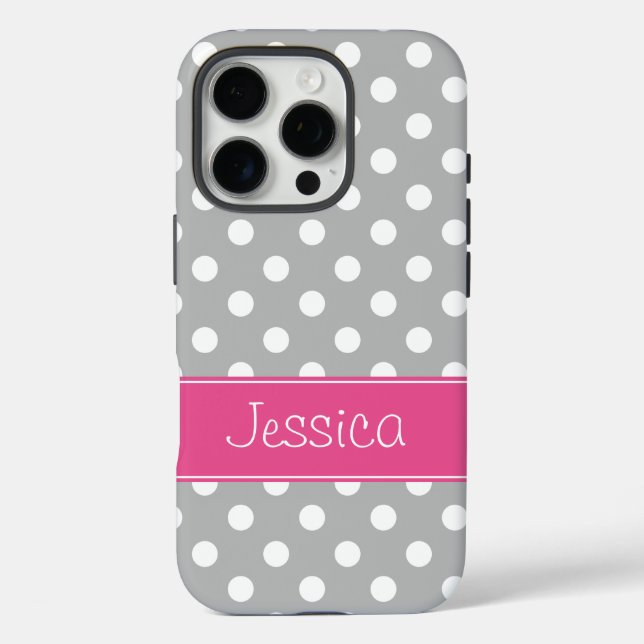 Funda iPhone 16 Pro Los puntos de polka blanco y gris perrito son pers (Reverso )