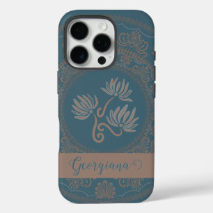 Funda iPhone 16 Pro Mandalá de punto de loto rococó teal dorado person