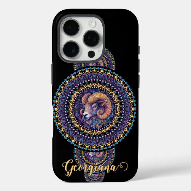 Funda iPhone 16 Pro Mandala ornamental Aries Whimsical Personalizada (Reverso )