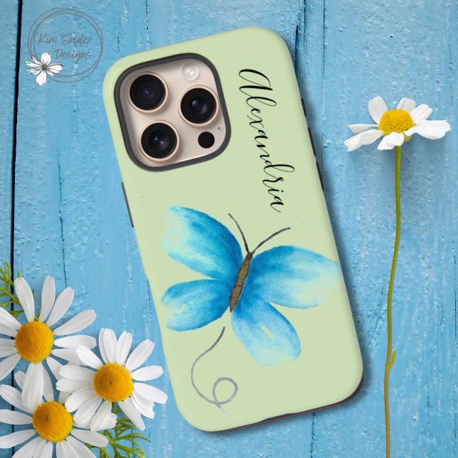 Funda iPhone 16 Pro Mariposa azul acuarela en verde personalizado (Subido por el creador)
