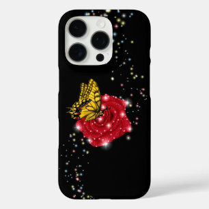 Funda iPhone 16 Pro Mariposa en rosa roja con estrellas y gotas de llu