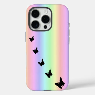 Funda iPhone 16 Pro Mariposa negra en el arcoiris pastel