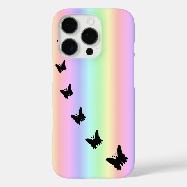 Funda iPhone 16 Pro Mariposa negra en el arcoiris pastel (Reverso )