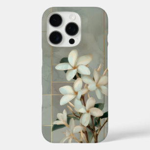 Funda iPhone 16 Pro Mármol de línea dorada con flores de magnolia blan