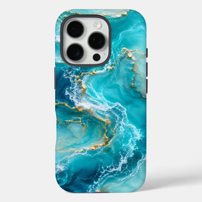 Funda iPhone 16 Pro Mármol de océano turquesa de lujo con olas de lámi (Reverso )
