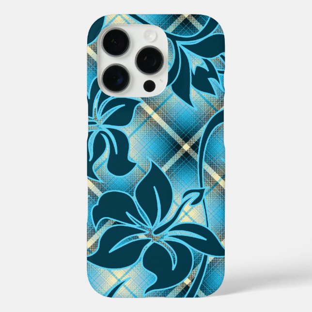 Funda iPhone 16 Pro Mauna Loa Hawaiian Hibiscus Plaid Verde azulado (Reverso )