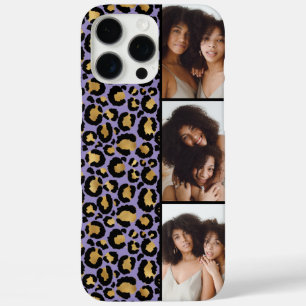 Funda iPhone 16 Pro Max 3 Foto Estampado De Leopardo Morado Y Dorado