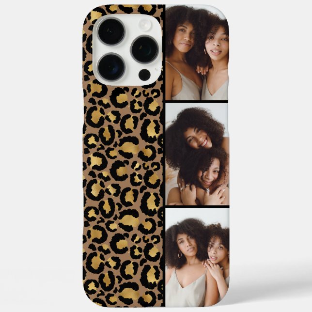 Funda iPhone 16 Pro Max 3 Foto Marrón Y Dorado Estampado De Leopardo (Reverso )