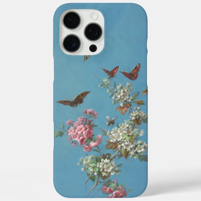 Funda iPhone 16 Pro Max Abeja mariposa de flor blanca rosada en azul (Reverso )