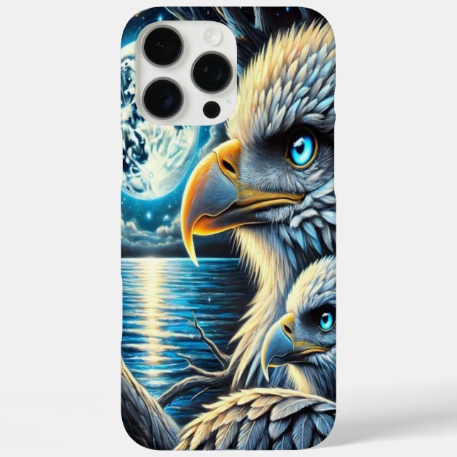 Funda iPhone 16 Pro Max Águila encaramada bajo una luna azul estrellada (Reverso )