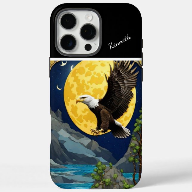 Funda iPhone 16 Pro Max Águila iluminada por luna en árbol salvaje (Reverso)