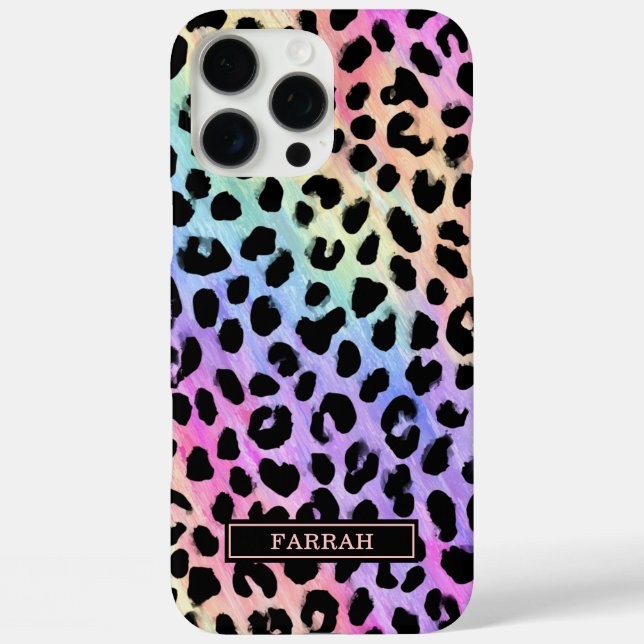 Funda iPhone 16 Pro Max Aqua Iridescent Leopard Print Monogrammed (Reverso )