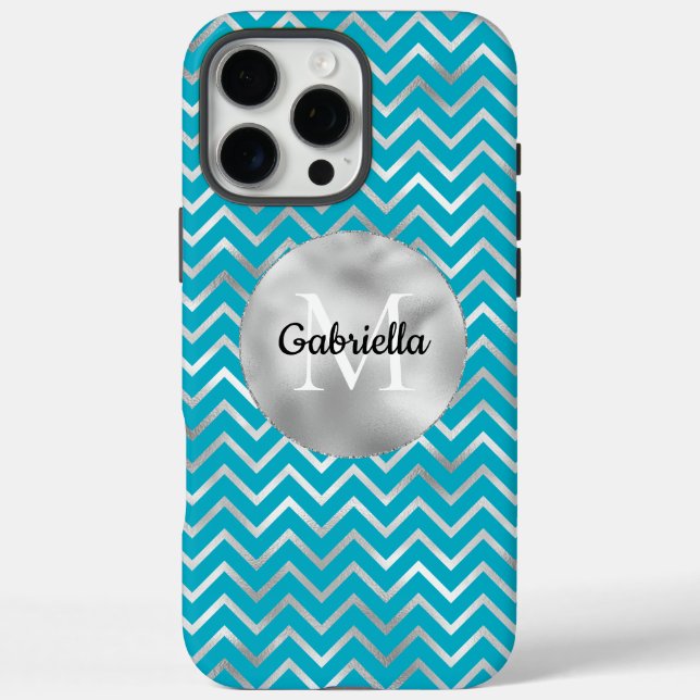Funda iPhone 16 Pro Max Aqua Silver Zigzag Stripes Monograma (Reverso)