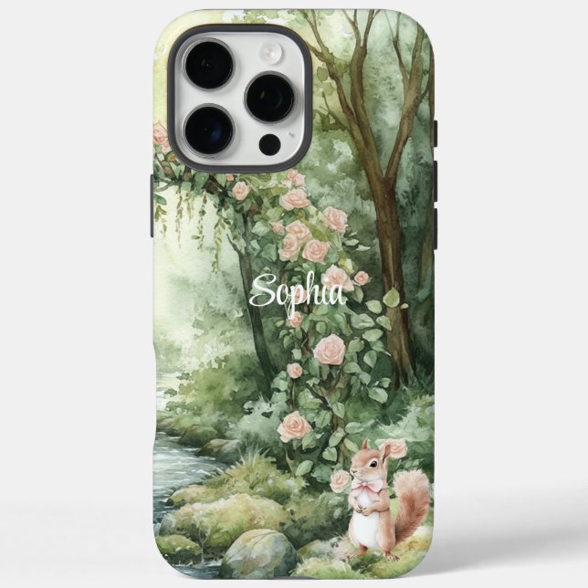 Funda iPhone 16 Pro Max Ardilla del bosque floral rosa (Reverso)