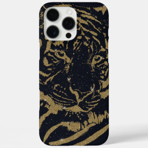Funda iPhone 16 Pro Max Arte de Tigre Negro y Dorado Estilo Glitter de Luj