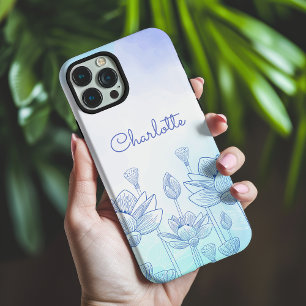 Funda iPhone 16 Pro Max Arte lineal botánico de nombre floral azul pastel