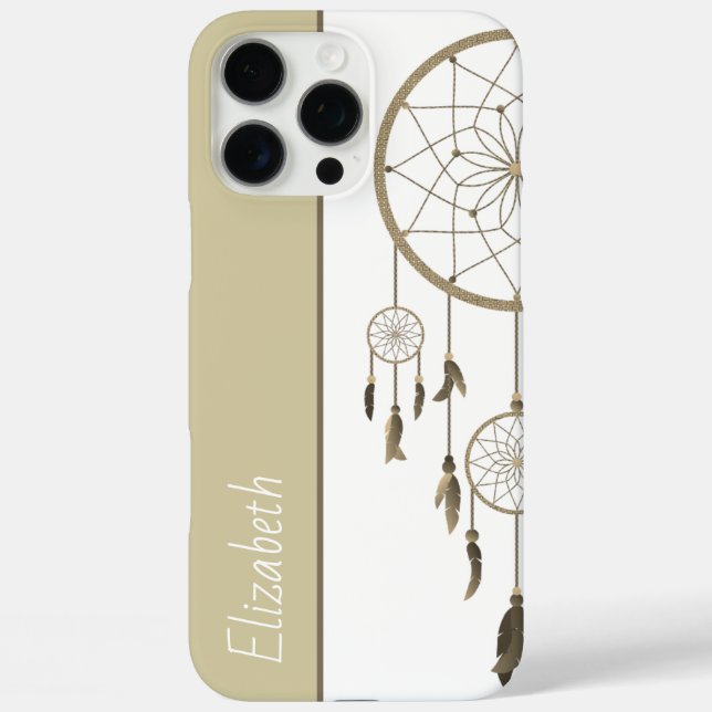 Funda iPhone 16 Pro Max Atrapasueños Plumas Beige Boho Nombre Personalizad (Reverso )