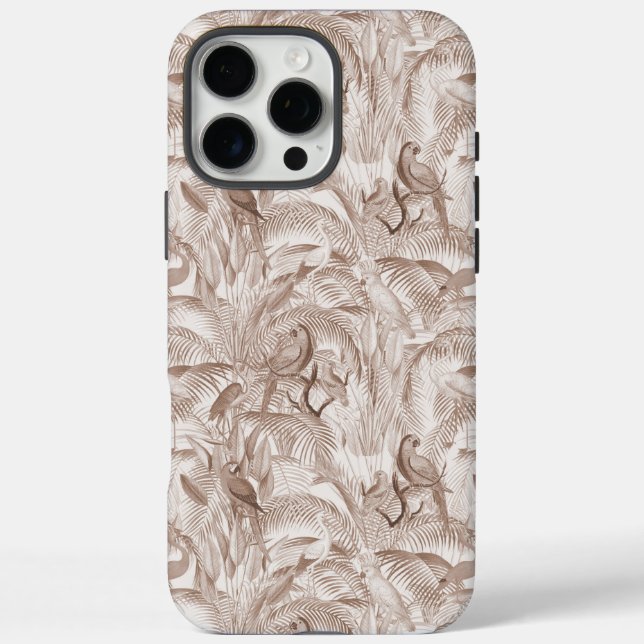 Funda iPhone 16 Pro Max Aves tropicales de Mocha Mousse y hojas de palma (Reverso)