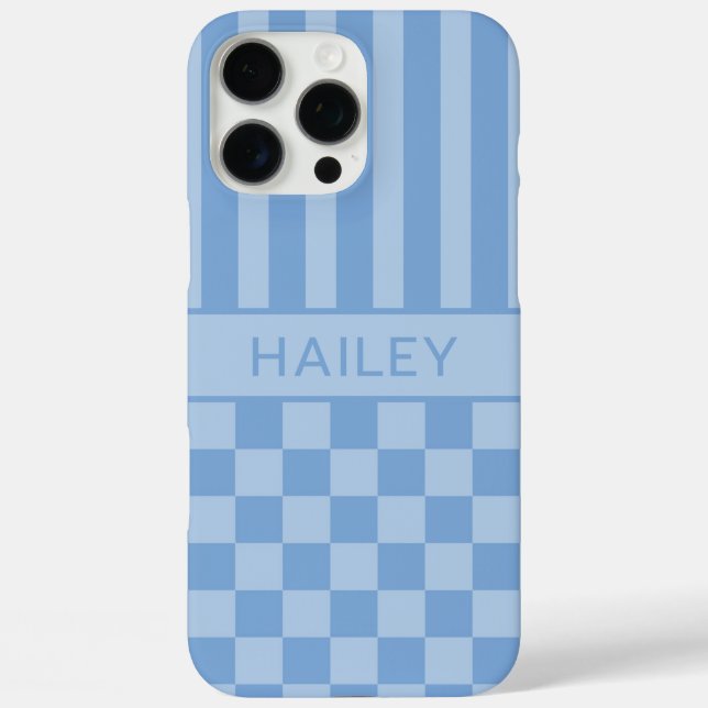 Funda iPhone 16 Pro Max Azul Cuadros Rayas Personalizado (Reverso )